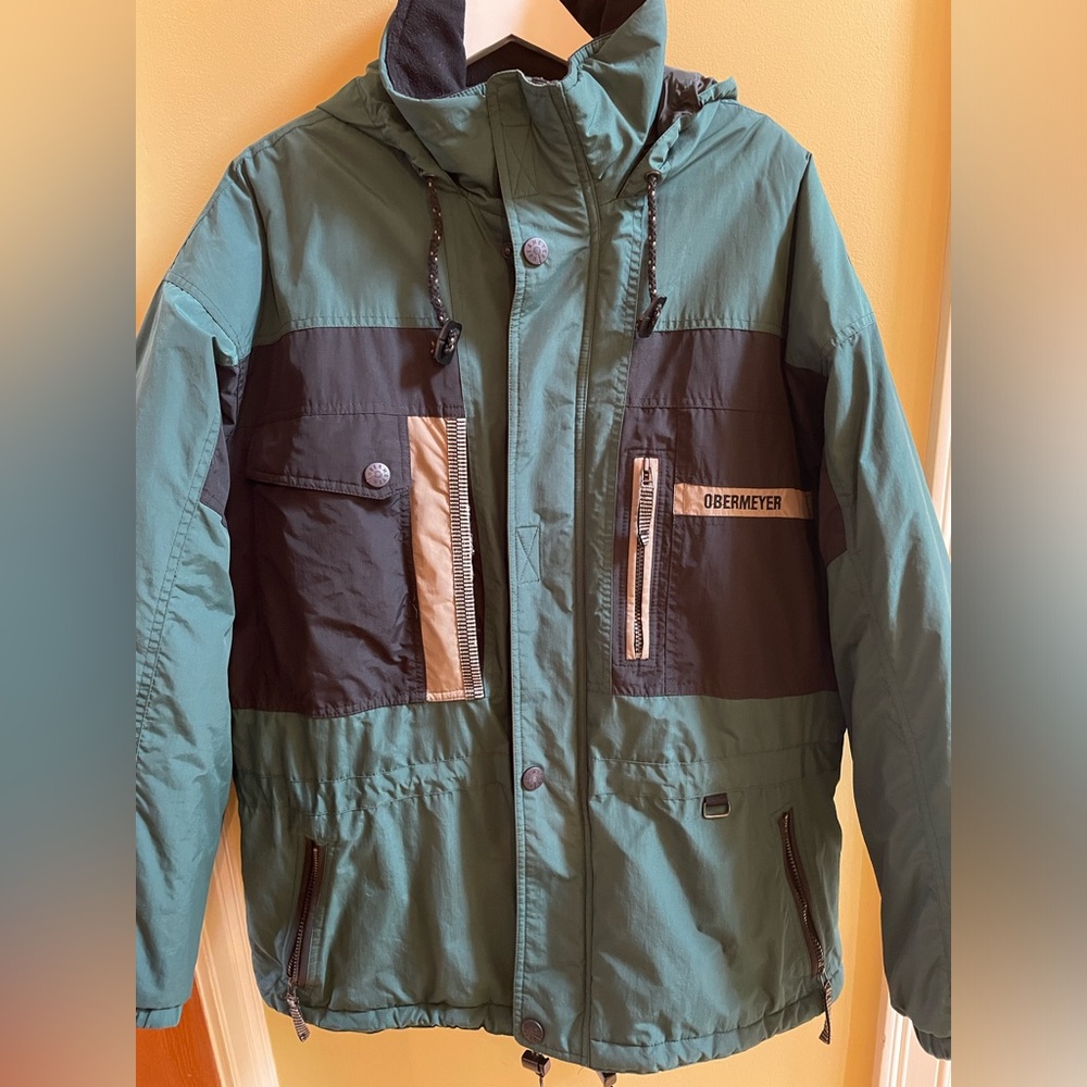 Vintage Obermeyer Ski Jacket Men's XL Green and Black With Hood And Zip Pockets